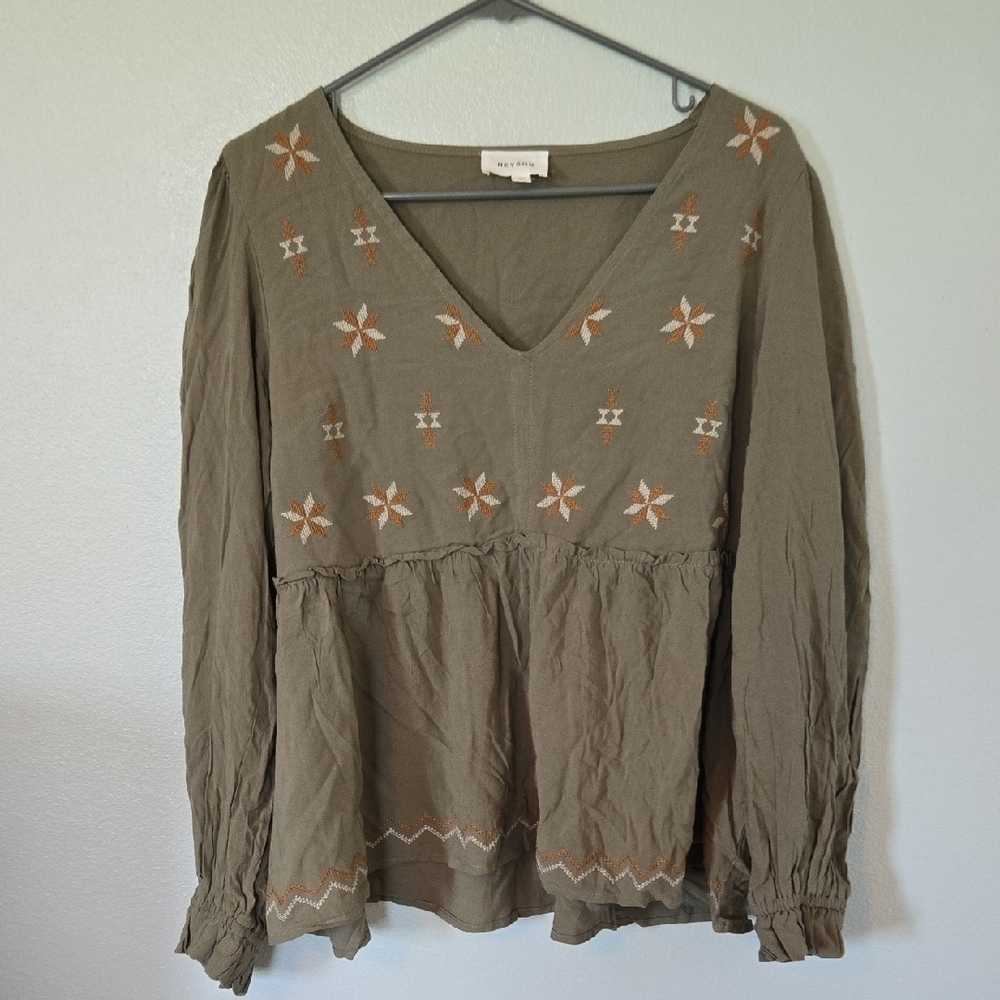 Heyson Olive Green Embroidered Blouse Size Large